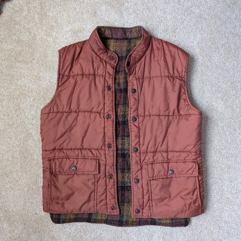 Vintage Enro Orange Nylon Brown Green Wool Plaid Reversible Vest